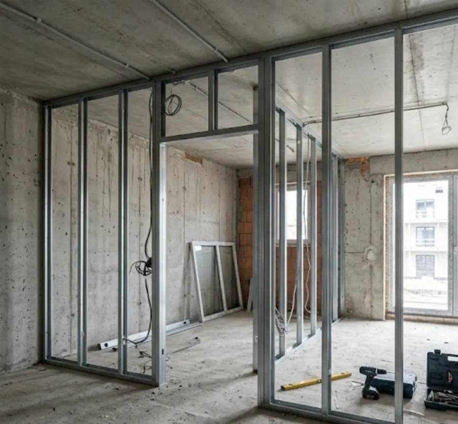 Baustelle vor Leichtbauwänden
